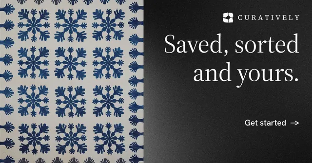 Social ad for Curatively: "Saved, sorted and yours." Minimal luxury style, right layout, dark palette in grey, black.