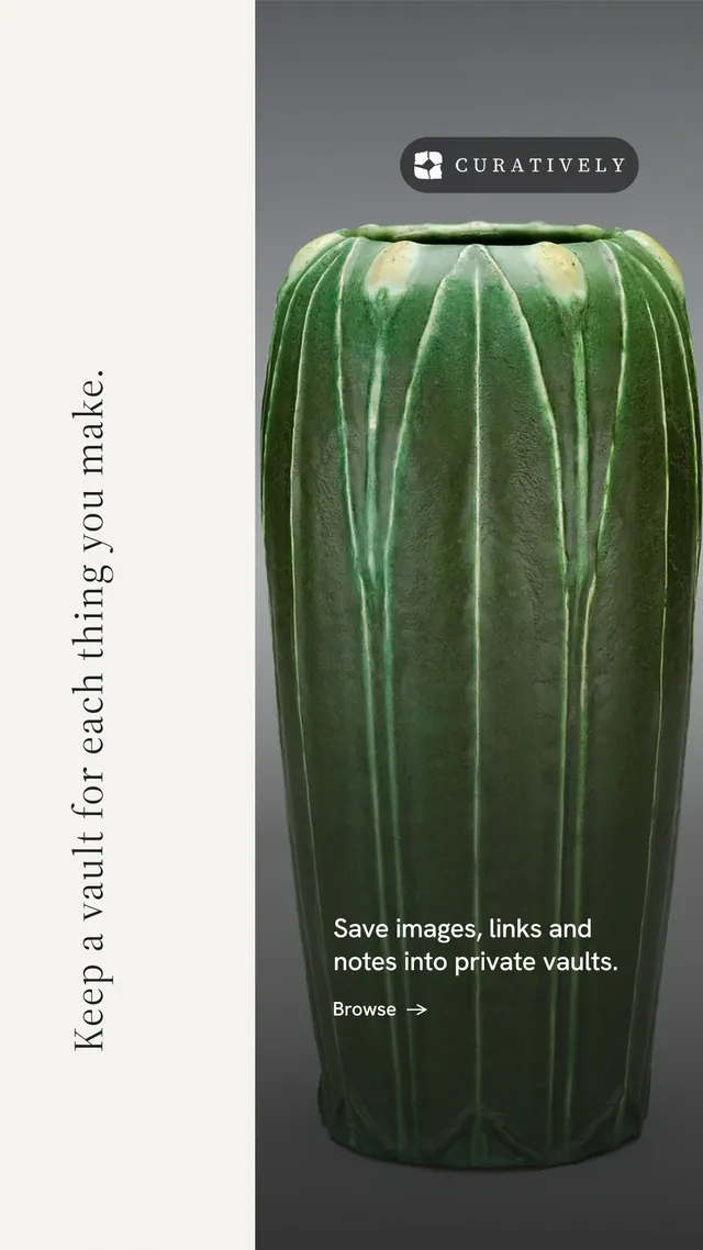 Instagram story for Curatively: "Keep a vault for each thing you make." Minimal luxury style, vertical layout, light palette in white, black, grey.