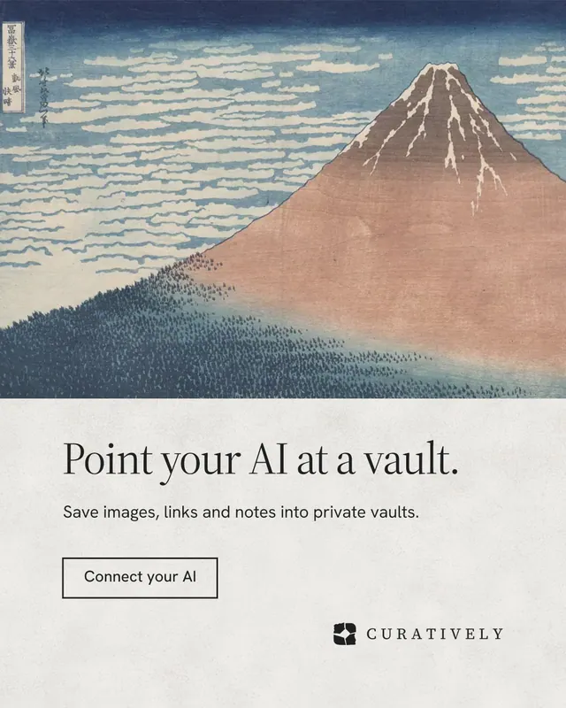 Instagram portrait post for Curatively: "Point your AI at a vault." Editorial style, bottom layout, light palette in grey, white.