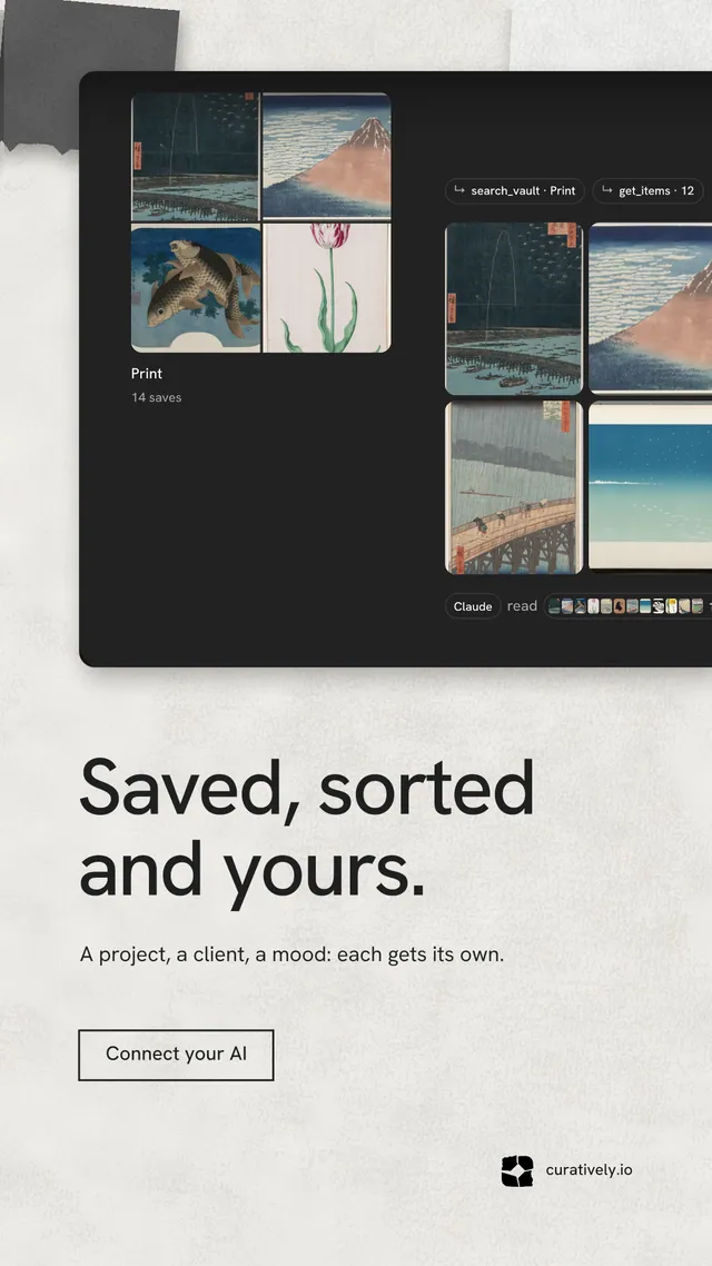 Instagram story for Curatively: "Saved, sorted and yours." Editorial style, bottom layout, light palette in black, white, grey.