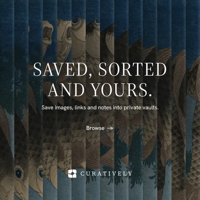 Instagram post for Curatively: "Saved, sorted and yours." Minimal luxury style, centred layout, dark palette in black, blue, grey.
