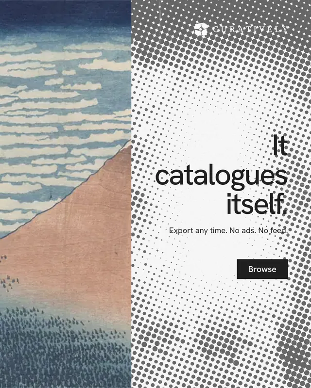 Instagram portrait post for Curatively: "It catalogues itself." Swiss style, right layout, light palette in grey, white.