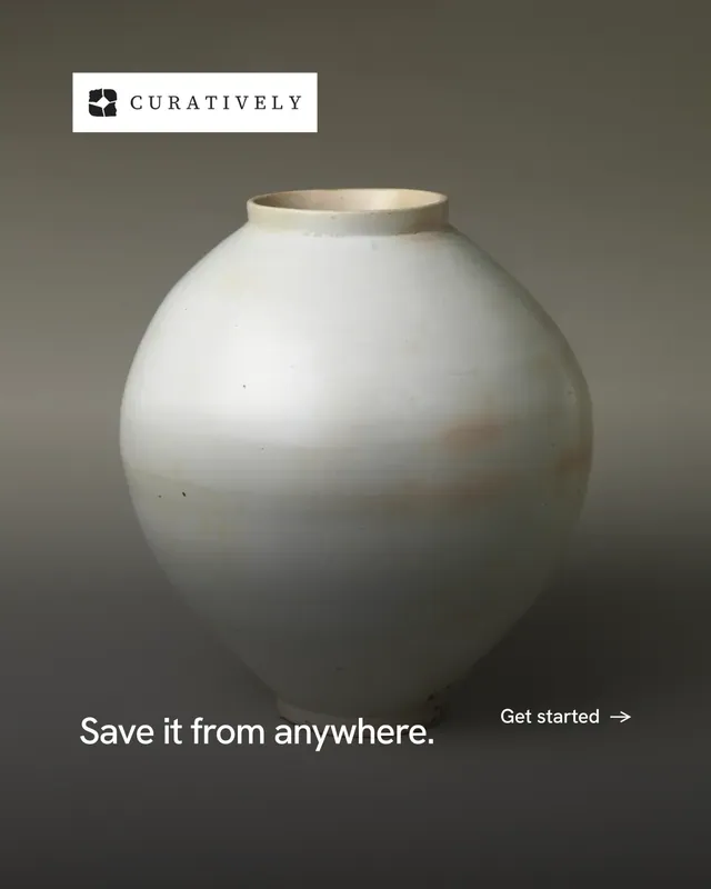 Instagram portrait post for Curatively: "Save it from anywhere." Minimal luxury style, image led layout, dark palette in grey, black, white.