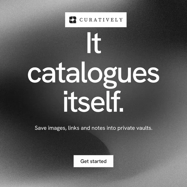 Instagram post for Curatively: "It catalogues itself." Swiss style, centred layout, dark palette in grey, black.