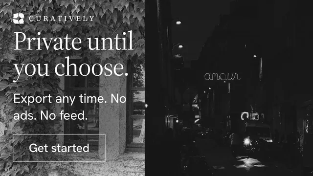 Landscape graphic for Curatively: "Private until you choose." Editorial style, skeleton layout, dark palette in black, grey.