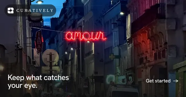 Social ad for Curatively: "Keep what catches your eye." Swiss style, image led layout, dark palette in black, pink, grey.