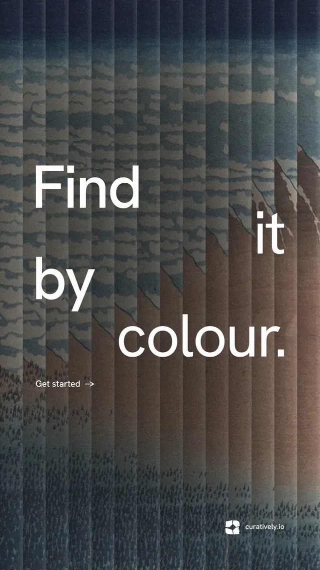 Instagram story for Curatively: "Find it by colour." Minimal luxury style, stacked layout, dark palette in black, grey.
