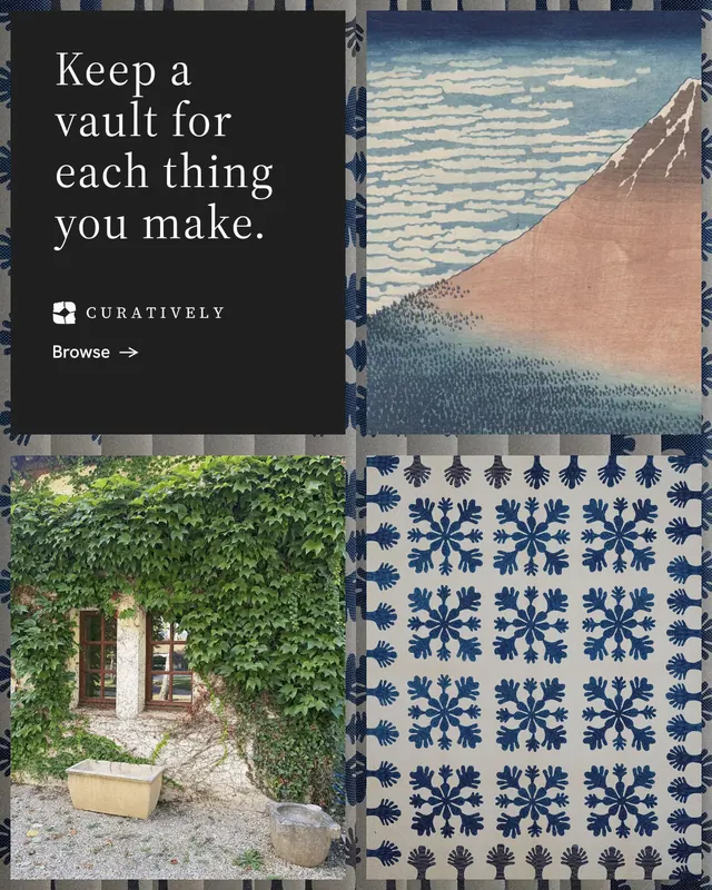 Instagram portrait post for Curatively: "Keep a vault for each thing you make." Minimal luxury style, collage layout, light palette in grey, black.