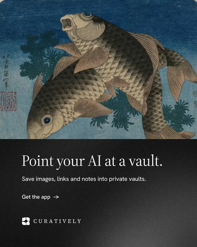 Instagram portrait post for Curatively: "Point your AI at a vault." Minimal luxury style, bottom layout, dark palette in black, blue, grey.