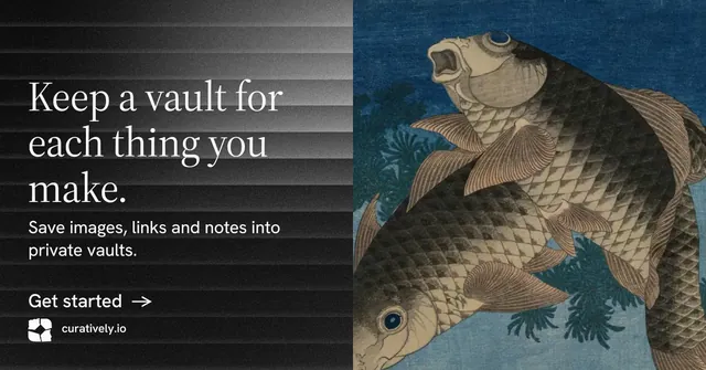 Social ad for Curatively: "Keep a vault for each thing you make." Minimal luxury style, bottom layout, dark palette in black, blue, grey.