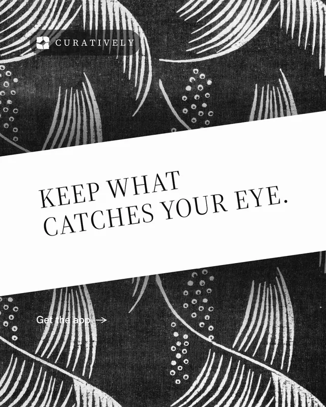 Instagram portrait post for Curatively: "Keep what catches your eye." Minimal luxury style, diagonal layout, light palette in white, black, grey.