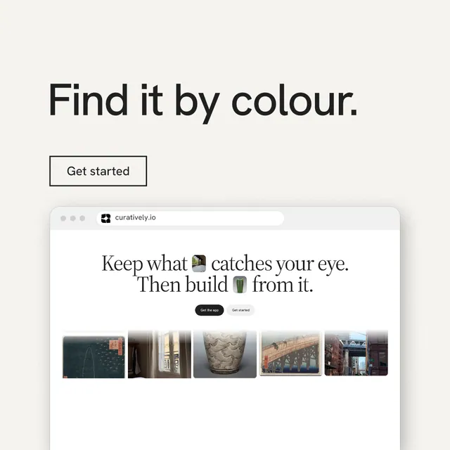 Instagram post for Curatively: "Find it by colour." Editorial style, browser layout, light palette in white, grey.