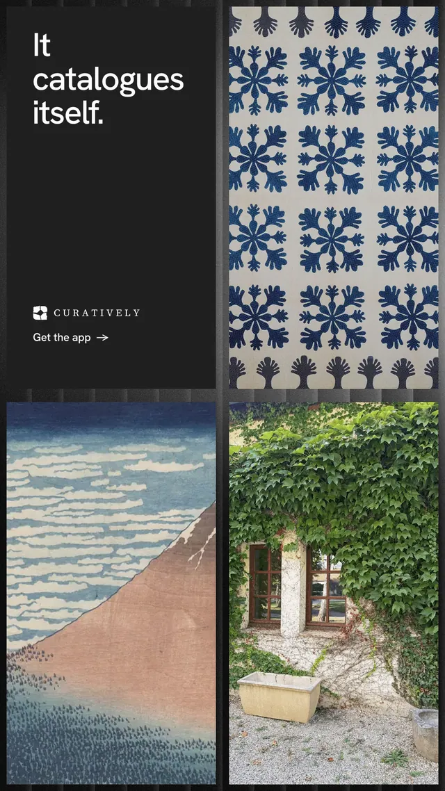 Instagram story for Curatively: "It catalogues itself." Minimal luxury style, collage layout, dark palette in black, grey.
