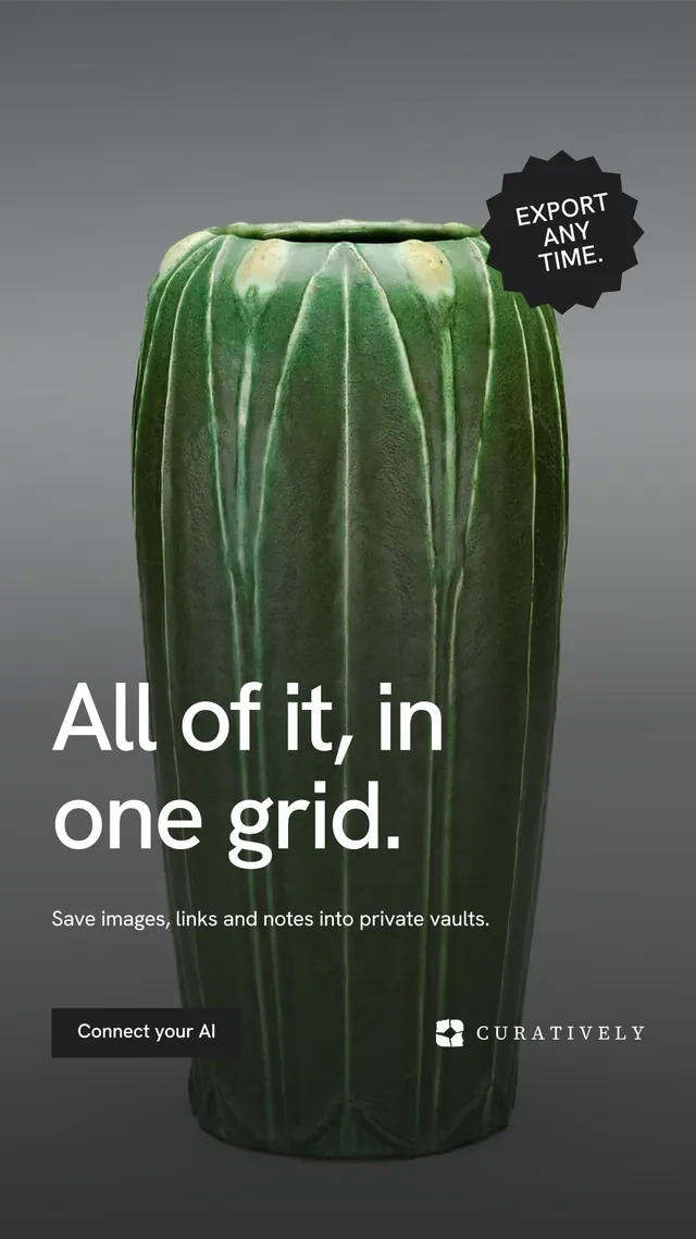 Instagram story for Curatively: "All of it, in one grid." Swiss style, sticker layout, dark palette in black, grey.