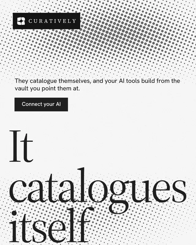 Instagram portrait post for Curatively: "Saved, sorted and yours." Split block style, oversized layout, light palette in white, grey.