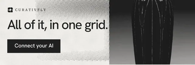X header for Curatively: "All of it, in one grid." Swiss style, skeleton layout, light palette in black, grey, white.