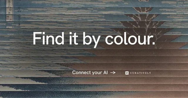 Social ad for Curatively: "Find it by colour." Minimal luxury style, centred layout, dark palette in grey, black.