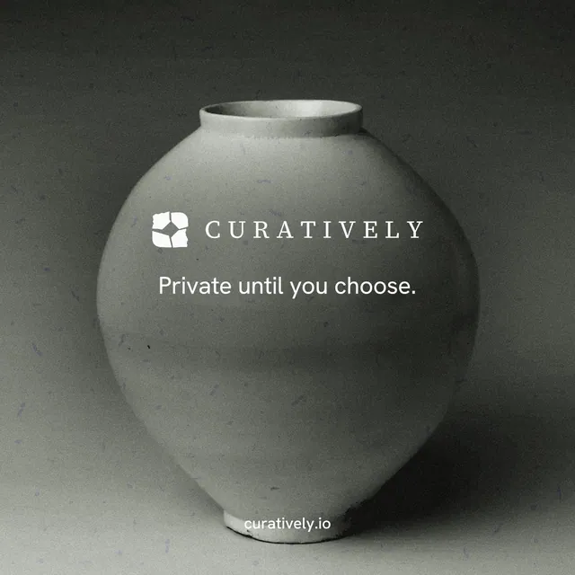 Instagram post for Curatively: "Private until you choose." Swiss style, end card layout, dark palette in black, grey.
