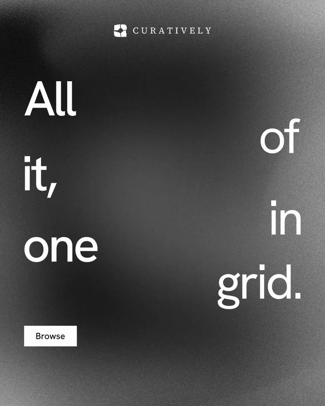 Instagram portrait post for Curatively: "All of it, in one grid." Swiss style, stacked layout, dark palette in grey, black.