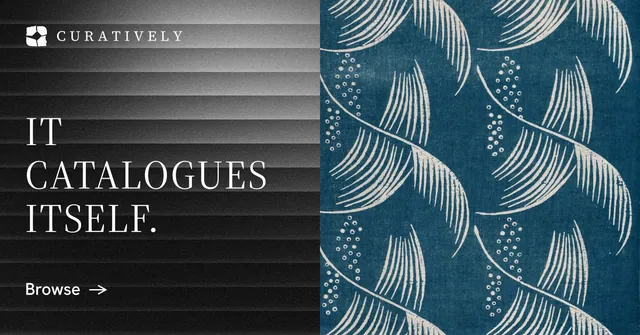 Social ad for Curatively: "It catalogues itself." Minimal luxury style, bottom layout, dark palette in black, blue, grey.
