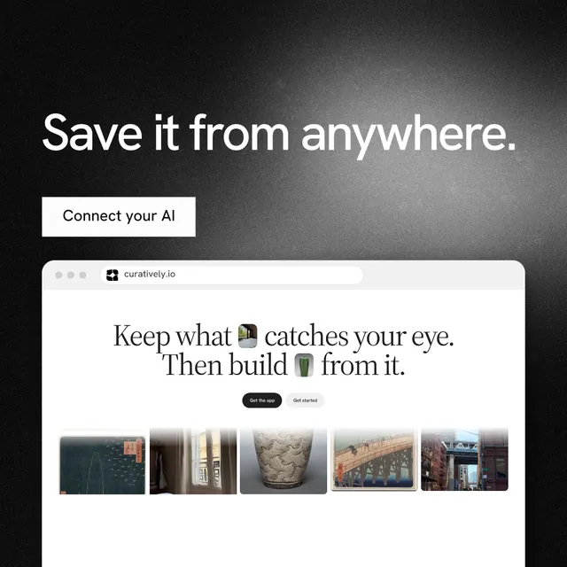 Instagram post for Curatively: "Save it from anywhere." Swiss style, browser layout, light palette in black, white, grey.