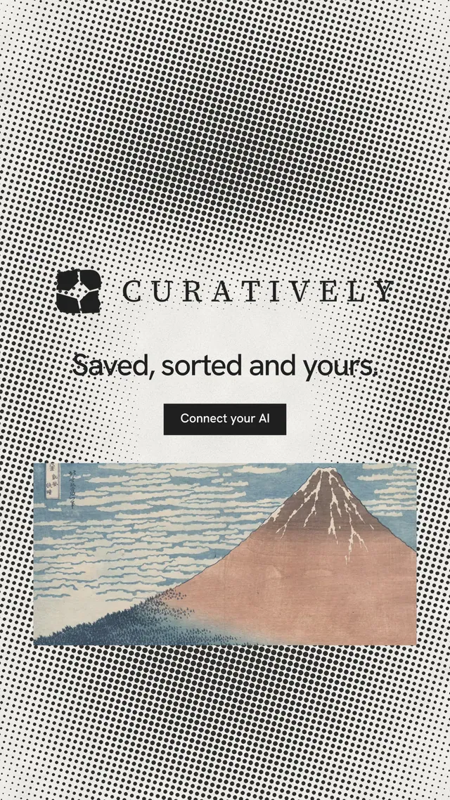 Instagram story for Curatively: "Saved, sorted and yours." Swiss style, logo hero layout, light palette in grey, white.