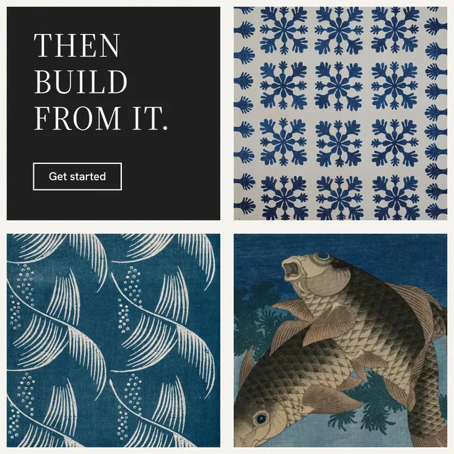 Instagram post for Curatively: "Then build from it." Editorial style, collage layout, dark palette in blue, grey, black.