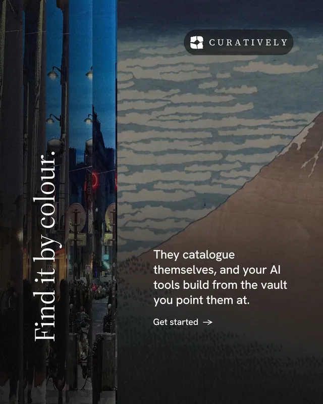 Instagram portrait post for Curatively: "Find it by colour." Minimal luxury style, vertical layout, dark palette in black, grey.