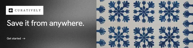 LinkedIn banner for Curatively: "Save it from anywhere." Minimal luxury style, bottom layout, light palette in grey, black, blue.