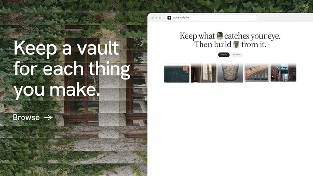 Landscape graphic for Curatively: "Keep a vault for each thing you make." Minimal luxury style, browser layout, light palette in white, green, grey.