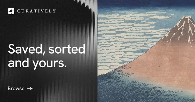 Social ad for Curatively: "Saved, sorted and yours." Minimal luxury style, bottom layout, dark palette in grey, black.