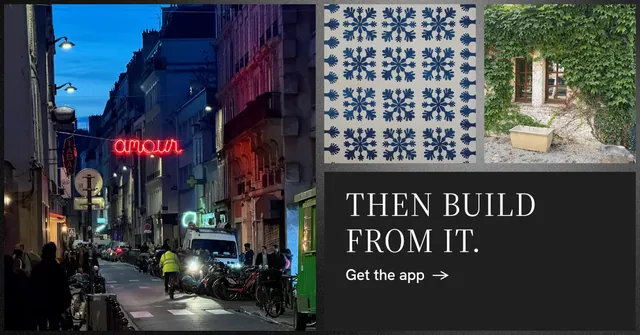 Social ad for Curatively: "Then build from it." Minimal luxury style, collage layout, dark palette in black, grey.