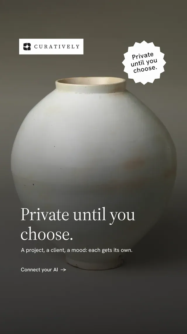 Instagram story for Curatively: "Private until you choose." Minimal luxury style, sticker layout, dark palette in grey, black.