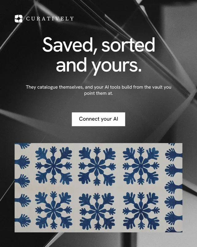 Instagram portrait post for Curatively: "Saved, sorted and yours." Swiss style, centred layout, dark palette in grey, black.
