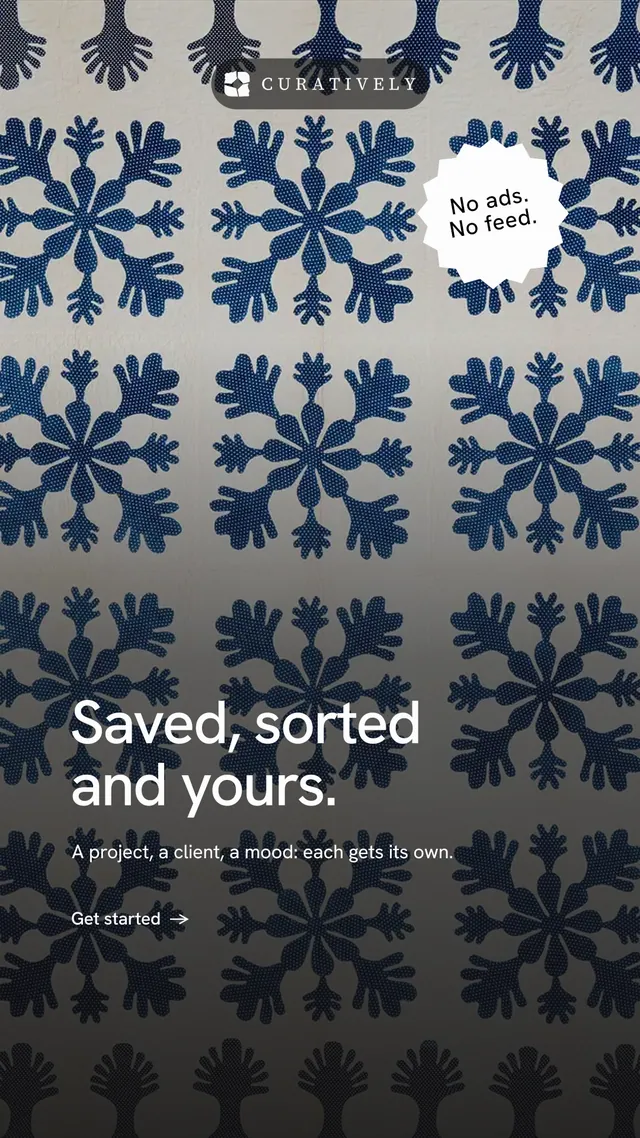 Instagram story for Curatively: "Saved, sorted and yours." Minimal luxury style, sticker layout, dark palette in black, grey, blue.