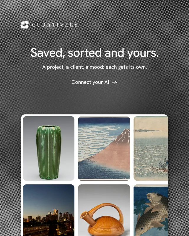 Instagram portrait post for Curatively: "Saved, sorted and yours." Minimal luxury style, centred layout, dark palette in grey, black.