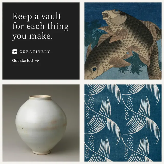 Instagram post for Curatively: "Keep a vault for each thing you make." Minimal luxury style, collage layout, dark palette in grey, black, blue.
