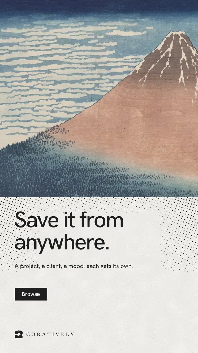 Instagram story for Curatively: "Save it from anywhere." Swiss style, bottom layout, light palette in grey, white.