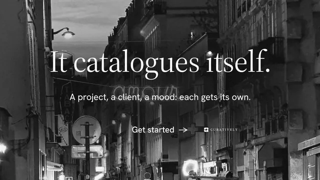 Landscape graphic for Curatively: "It catalogues itself." Minimal luxury style, centred layout, dark palette in black, grey.