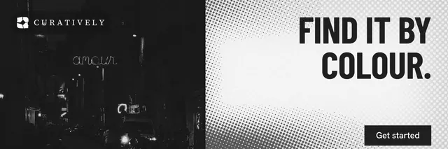 X header for Curatively: "Find it by colour." Retro print style, right layout, light palette in white, black, grey.