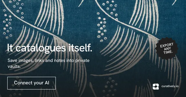 Social ad for Curatively: "It catalogues itself." Editorial style, sticker layout, dark palette in blue, grey.
