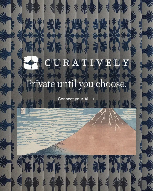 Instagram portrait post for Curatively: "Private until you choose." Minimal luxury style, logo hero layout, dark palette in grey, blue.