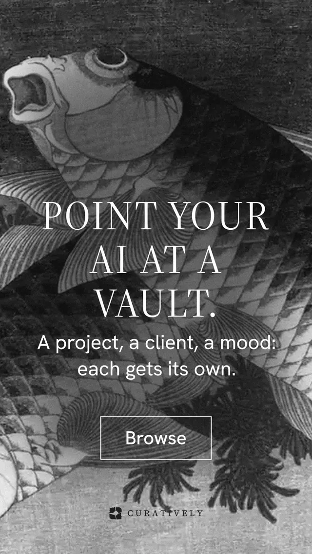 Instagram story for Curatively: "Point your AI at a vault." Editorial style, skeleton layout, dark palette in black, grey.