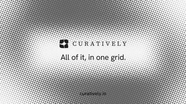 Landscape graphic for Curatively: "All of it, in one grid." Split block style, end card layout, light palette in grey, white.
