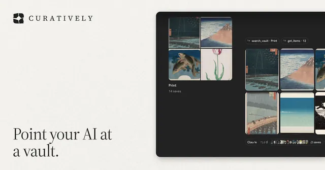 Social ad for Curatively: "Point your AI at a vault." Editorial style, image led layout, light palette in black, white, grey.