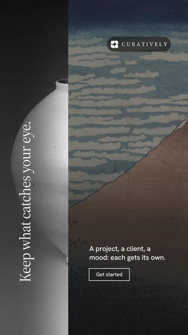 Instagram story for Curatively: "Keep what catches your eye." Editorial style, vertical layout, dark palette in black, grey.
