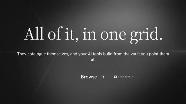 Landscape graphic for Curatively: "All of it, in one grid." Minimal luxury style, centred layout, dark palette in grey, black.