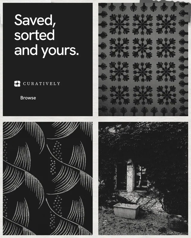 Instagram portrait post for Curatively: "Saved, sorted and yours." Swiss style, collage layout, dark palette in grey, black.