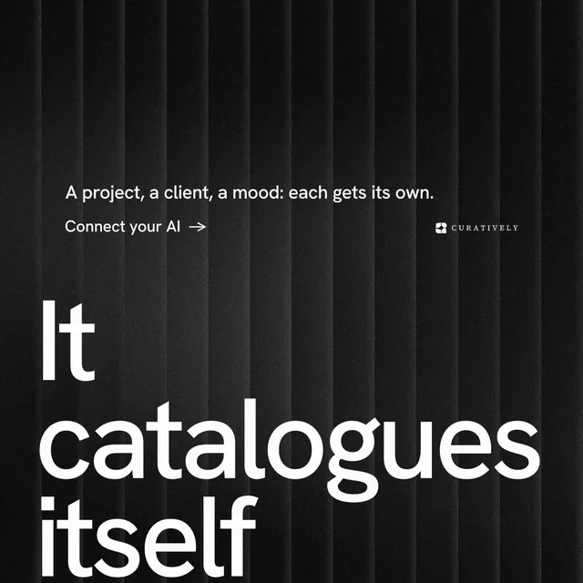 Instagram post for Curatively: "Save it from anywhere." Minimal luxury style, oversized layout, dark palette in black, grey.