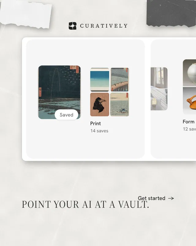 Instagram portrait post for Curatively: "Point your AI at a vault." Editorial style, image led layout, light palette in white, grey.